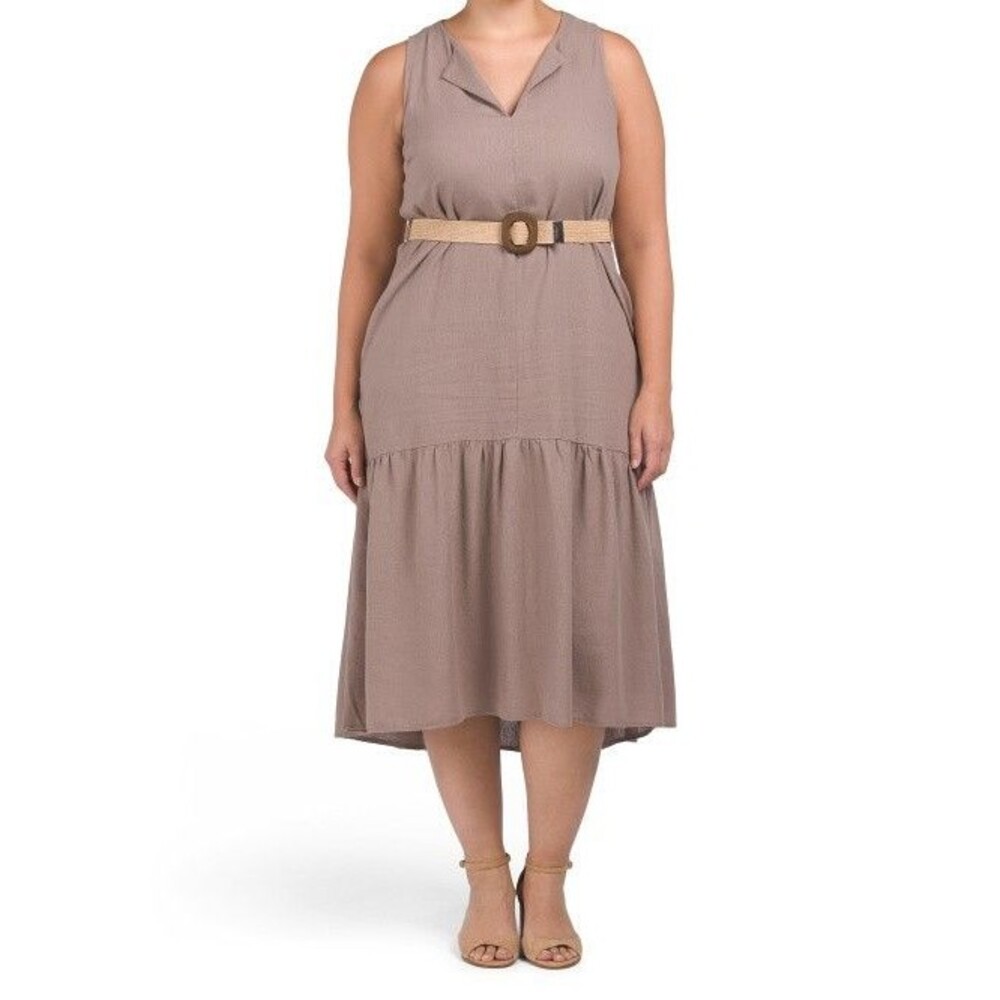 Adyson Parker women Brown Mocha Linen Blend Belted Long Midi Dress size XL